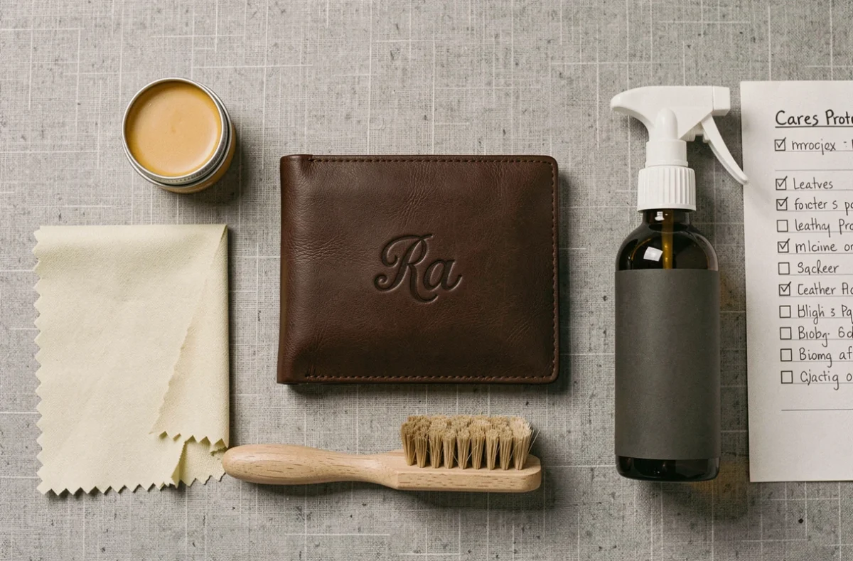 Mise à plat des accessoires d'entretien d'un portefeuille en cuir personnalisé avec initiales gravées sur fond lin gris
