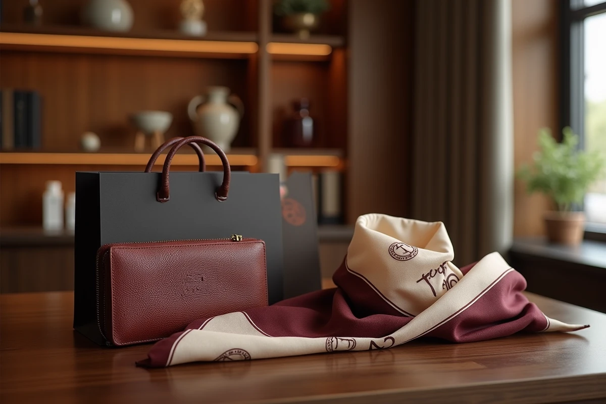 Accessoires de luxe haut de gamme disposés sur une surface en noyer dans une boutique exclusive, portefeuille en cuir et foulard en soie