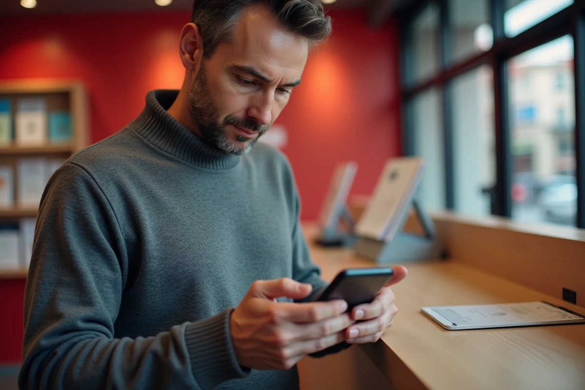 Agent postal activant son compte habillement La Poste sur smartphone dans une agence postale
