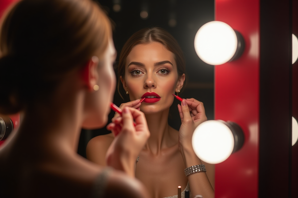 actrice appliquant un rouge à lèvres rouge vif dans un miroir