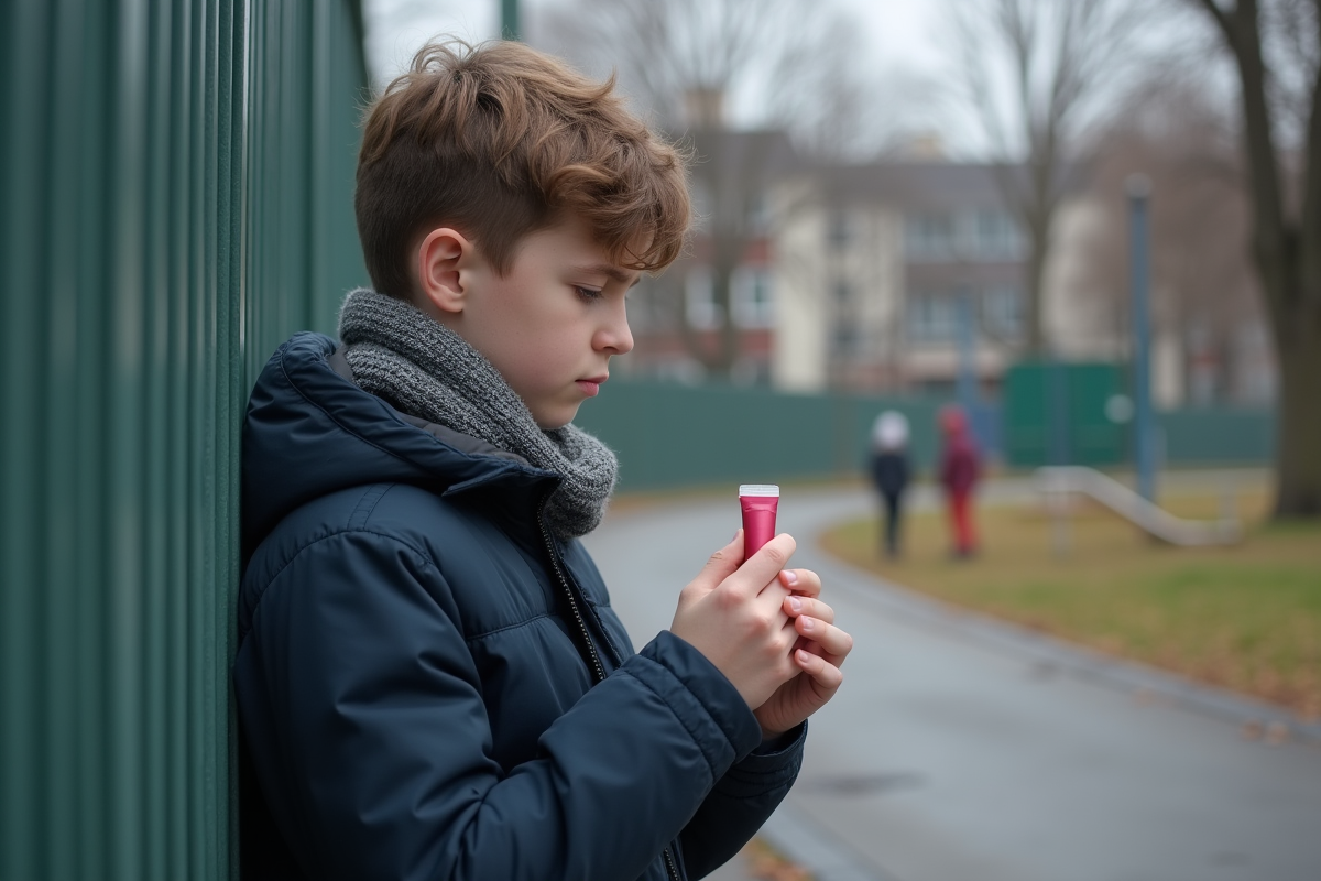 Adolescent regardant un gloss à lèvres dehors par temps d