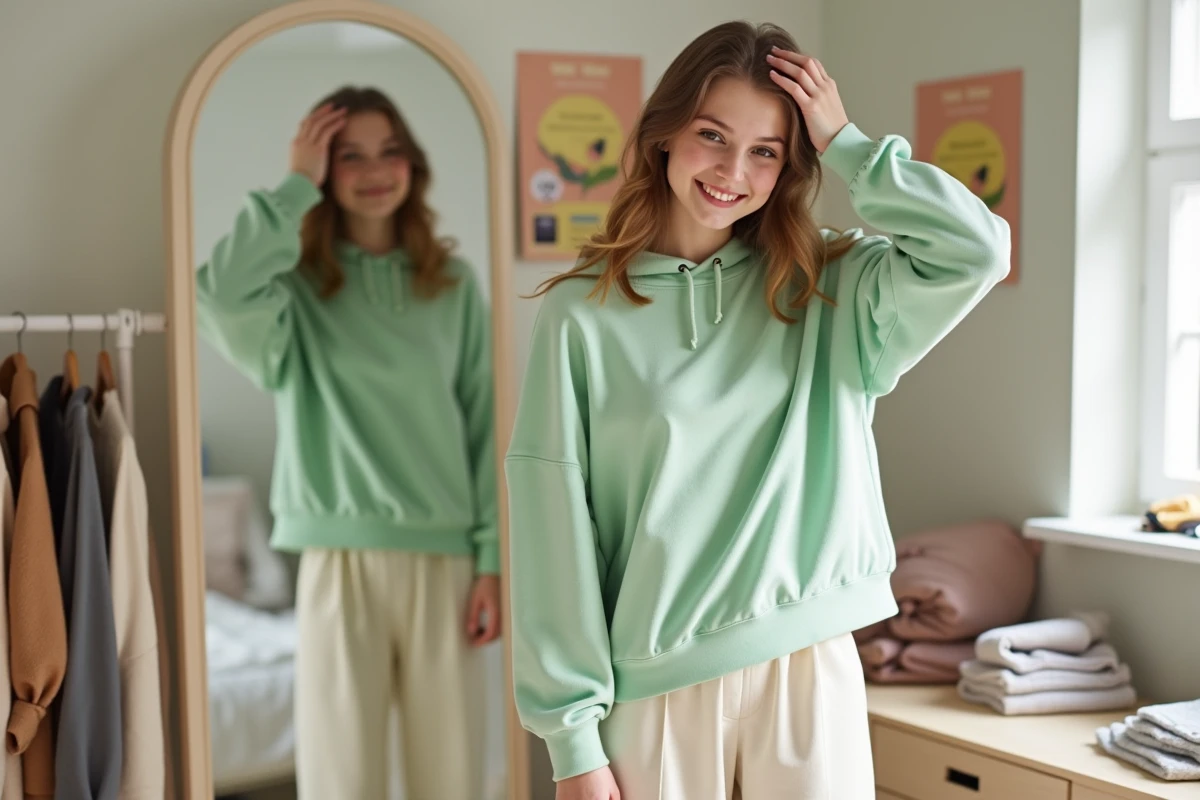 Adolescente essayant une tenue tendance et abordable Kiabi devant un miroir dans sa chambre