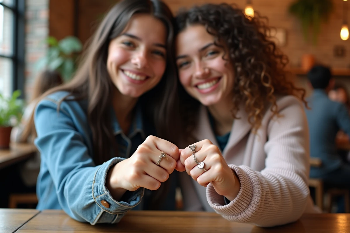 Deux adolescentes souriantes montrent leurs bagues cœur BFF