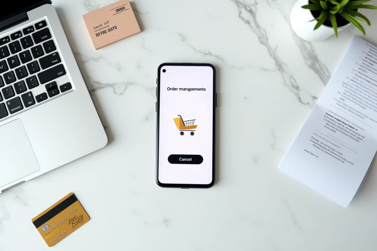 Vue de dessus d'un smartphone affichant une page d'annulation de commande Shein avec reçu et carte bancaire sur marbre blanc
