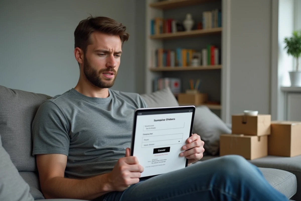 Homme concentré essayant d'annuler une commande en ligne sur tablette avec des colis de livraison à proximité