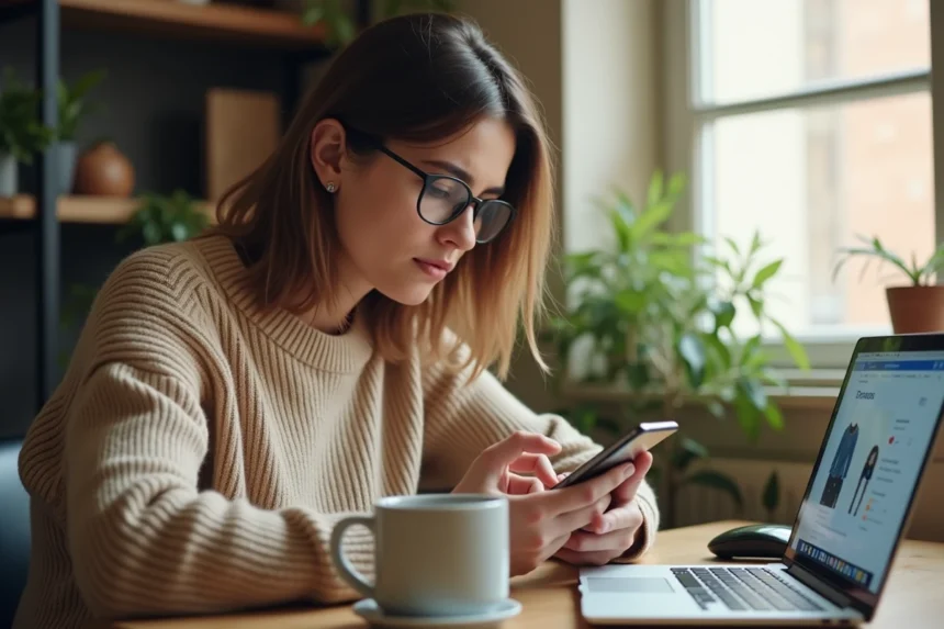 Jeune femme frustrée tentant d'annuler une commande Shein sur son smartphone lors d'une promotion flash