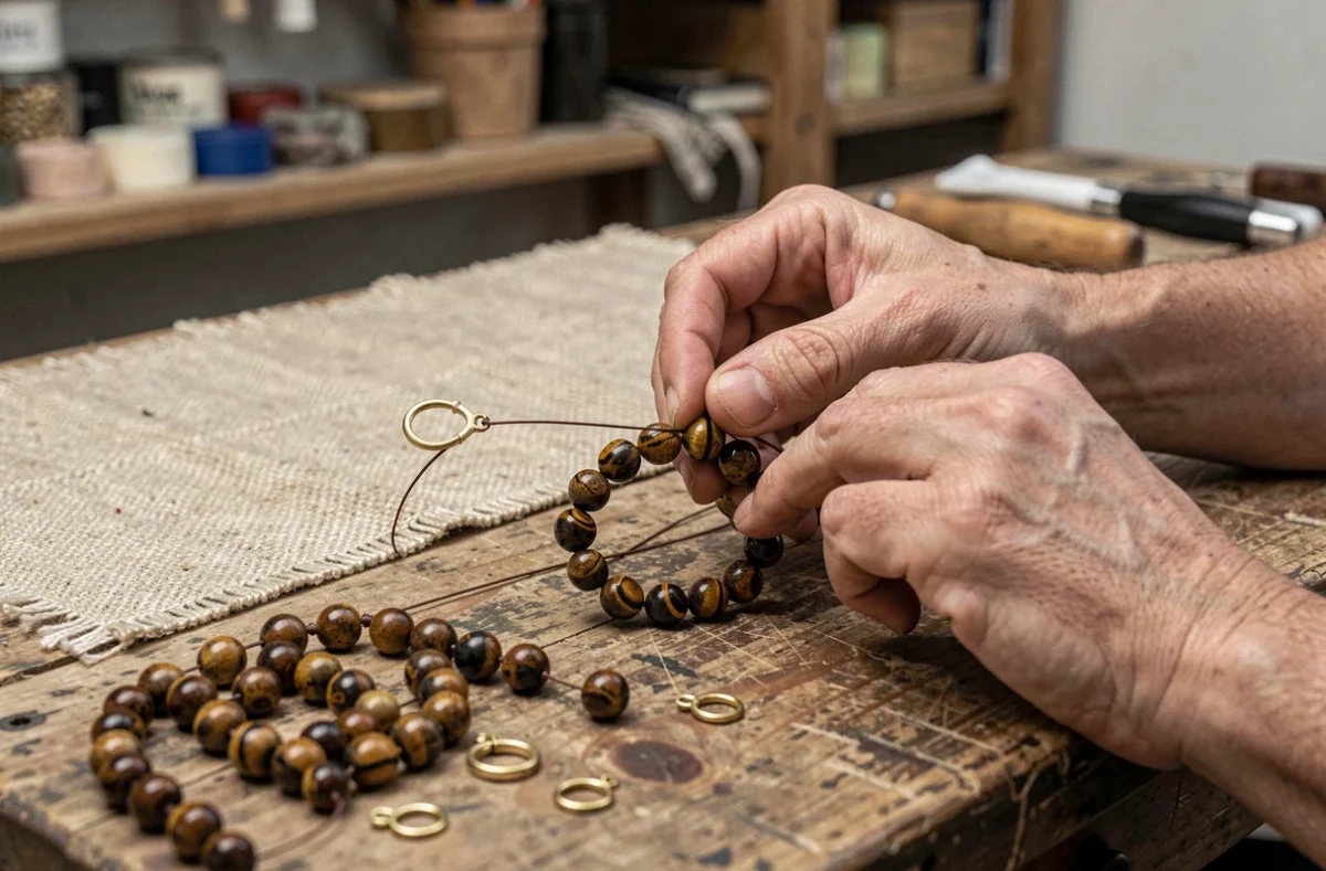 Artisan assemblant à la main un bracelet homme en œil du tigre sur un établi en bois avec des perles et outils de bijouterie