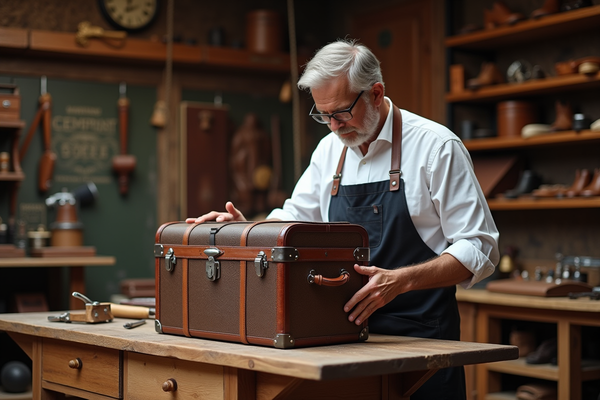 Artisan inspectant une malle en atelier avec outils et matériaux