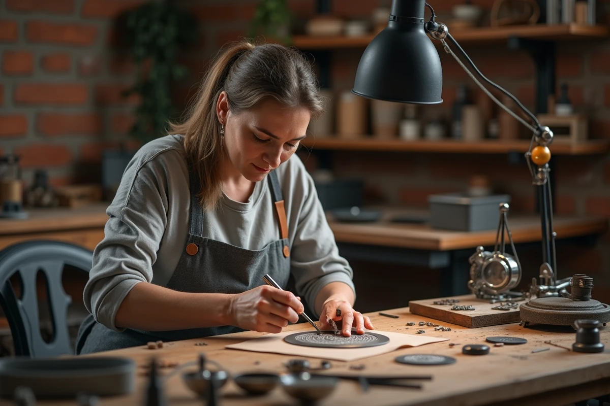 Artisane bijoutière gravant un bola de grossesse dans un atelier artisanal avec outils de gravure traditionnels