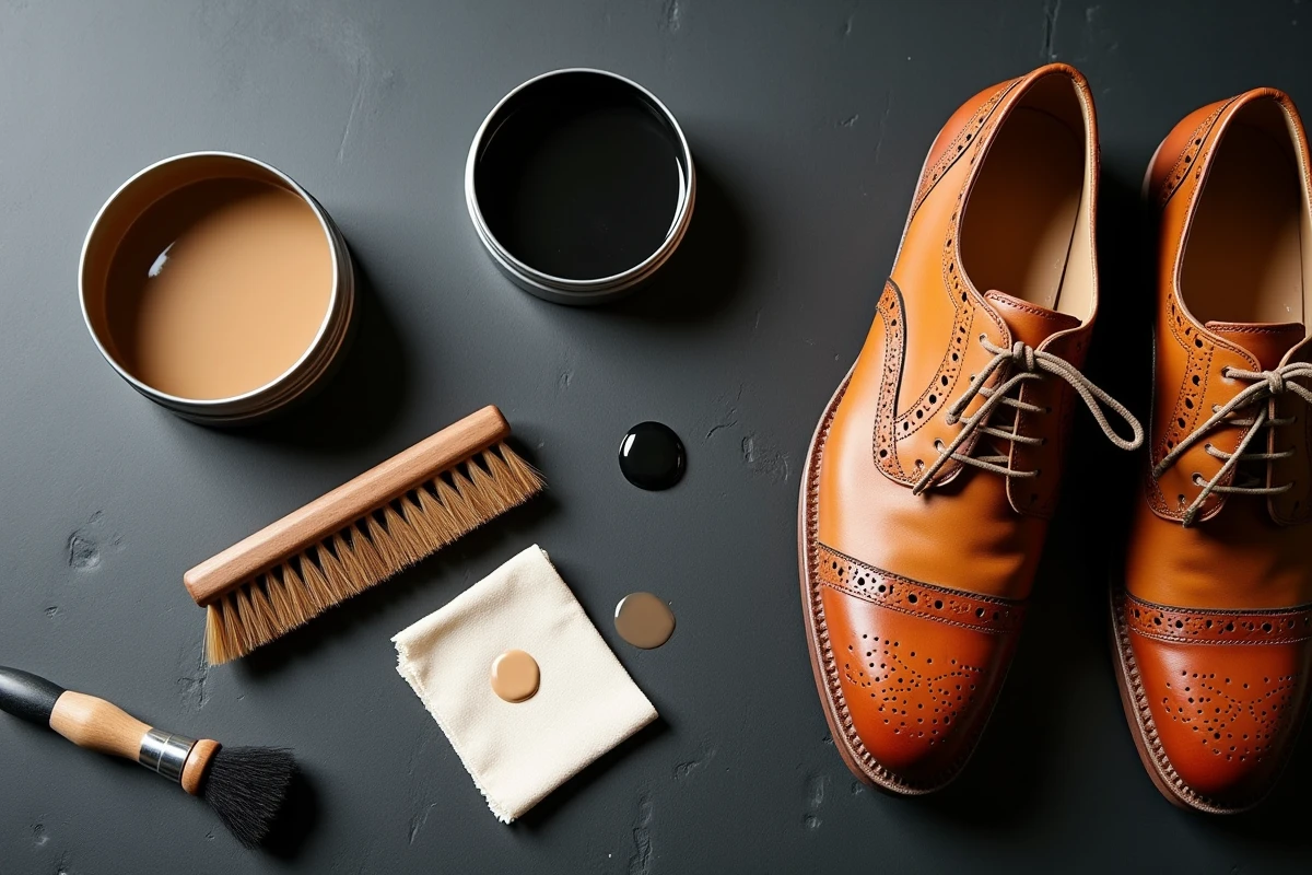 Vue de dessus d'un assortiment de produits de cirage marron et noir avec brosses et chaussures en cuir sur ardoise