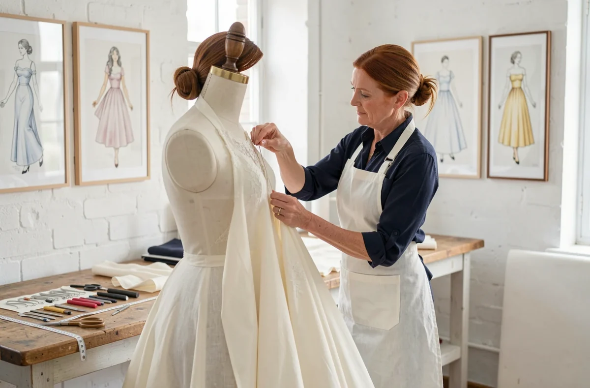 Couturière de L'Atelier d'Aline épinglant soigneusement une robe de mariée ivoire sur un mannequin dans un atelier élégant aux murs blancs