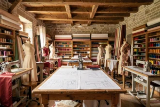Vue panoramique d'un atelier de couture artisanal dans le Grand Est, avec plusieurs postes de travail, des mannequins de couture et des étagères remplies de fils colorés