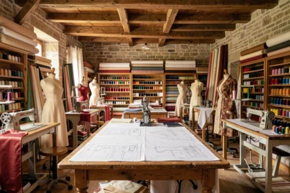 Vue panoramique d'un atelier de couture artisanal dans le Grand Est, avec plusieurs postes de travail, des mannequins de couture et des étagères remplies de fils colorés