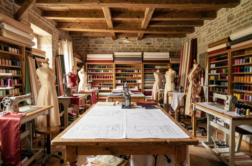 Vue panoramique d'un atelier de couture artisanal dans le Grand Est, avec plusieurs postes de travail, des mannequins de couture et des étagères remplies de fils colorés