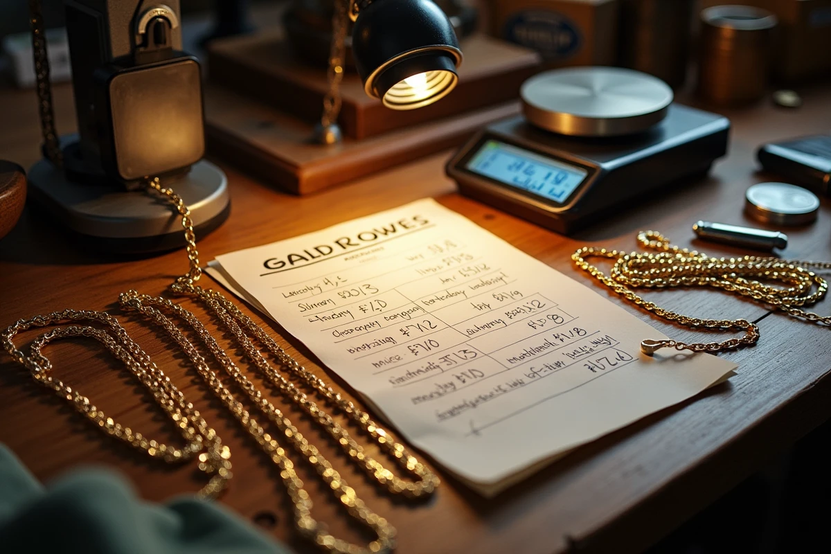 Bureau d'atelier joaillier avec chaînes en or 18 carats, balance et comparatif de prix manuscrit