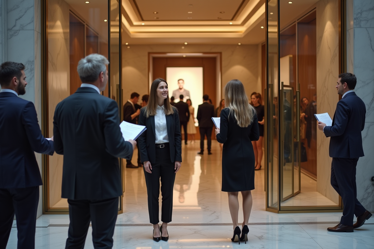 Groupe de personnes chic en file d attente pour un événement mode