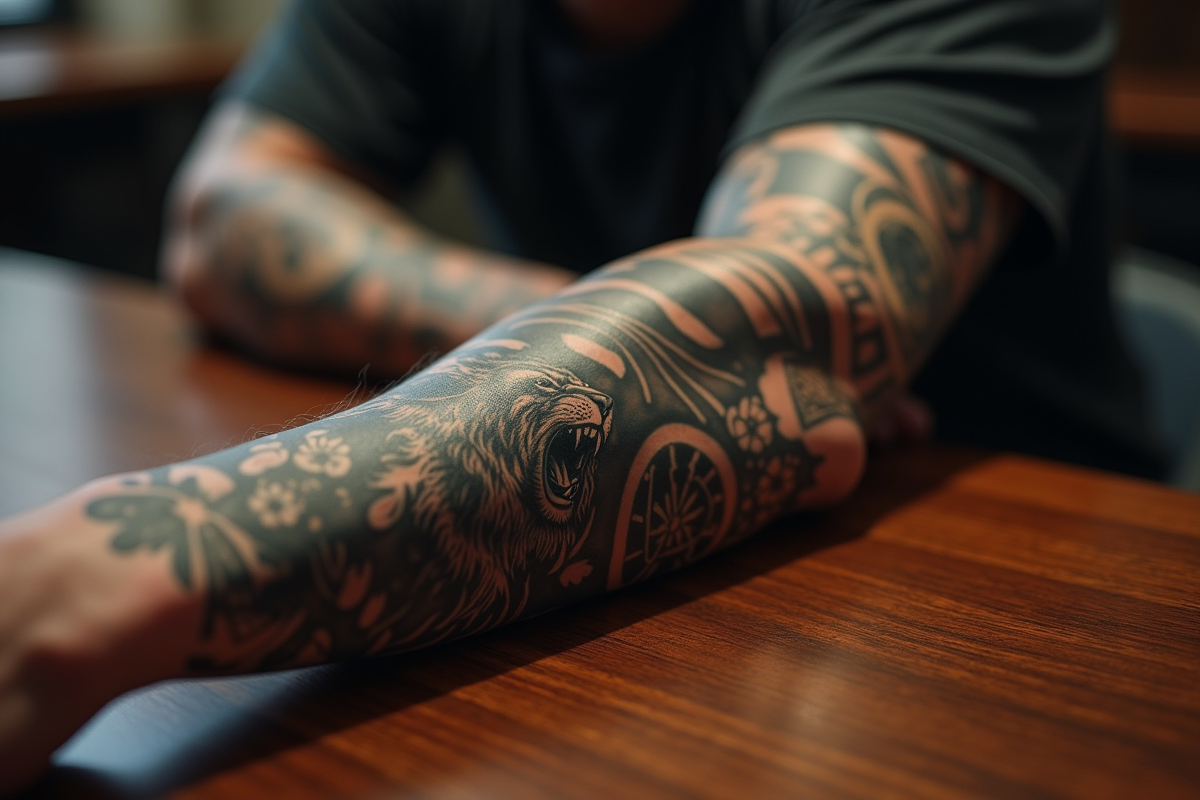 Avant bras tatoué avec lion et horloge en gros plan