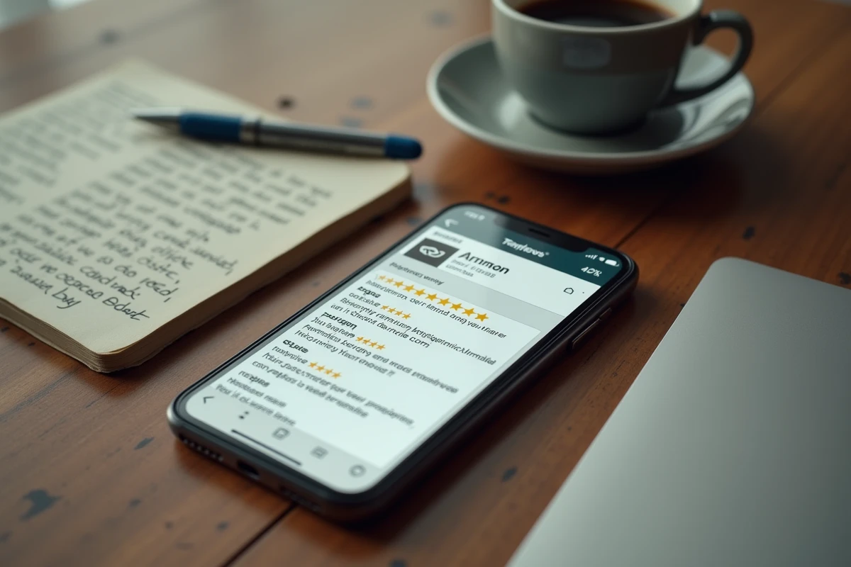 Smartphone affichant des avis une étoile sur une boutique en ligne, entouré d'un carnet de notes et d'un café, symbolisant une arnaque en ligne suspectée