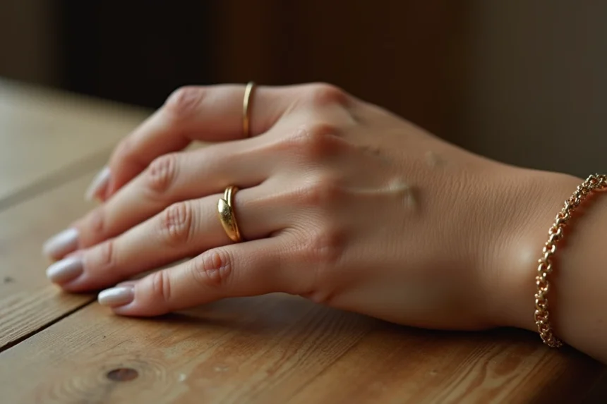 Bague en or jaune et bracelet en or blanc portés au quotidien sur une main de femme posée sur une table en bois