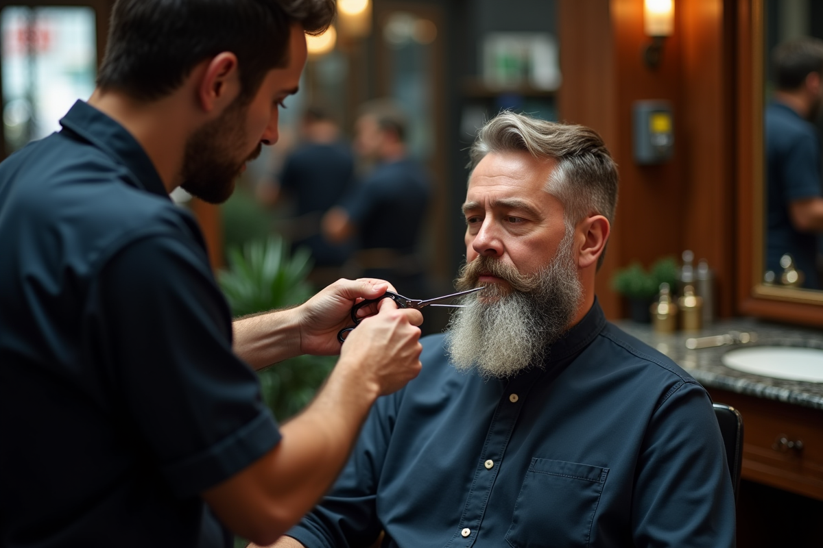 Barbier utilisant des ciseaux pour modeler la barbe d