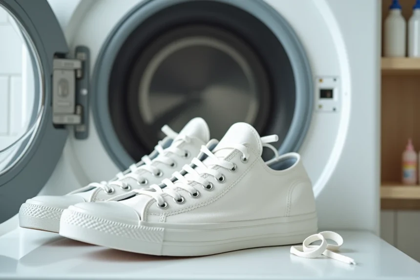 Baskets blanches avec lacets retirés posées devant un tambour de machine à laver ouverte dans une buanderie moderne