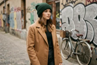Jeune femme portant un beanie vert forêt côtelé oversize avec un manteau camel en laine, style streetwear hivernal dans une rue pavée urbaine