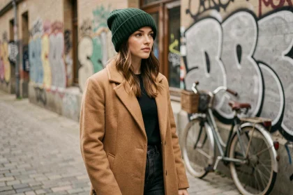 Jeune femme portant un beanie vert forêt côtelé oversize avec un manteau camel en laine, style streetwear hivernal dans une rue pavée urbaine