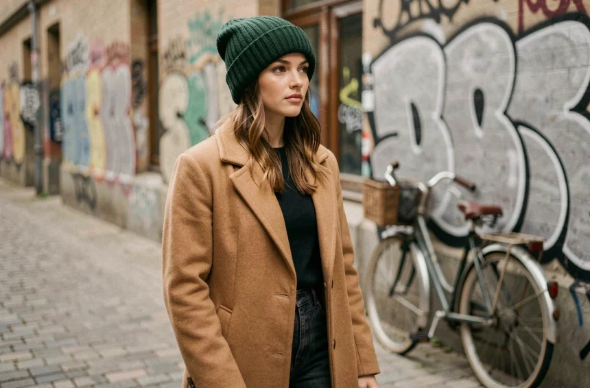 Jeune femme portant un beanie vert forêt côtelé oversize avec un manteau camel en laine, style streetwear hivernal dans une rue pavée urbaine