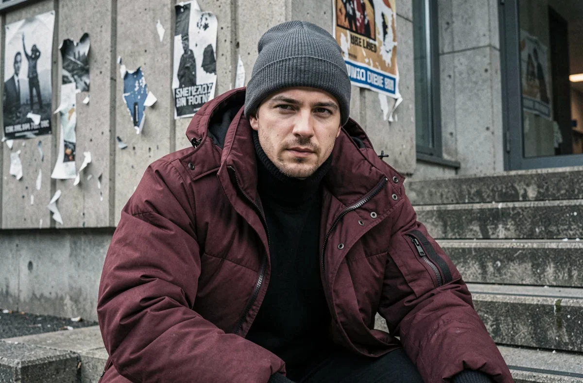 Homme en beanie gris anthracite et veste puffer bordeaux assis sur des marches en béton, look streetwear masculin hivernal 2026