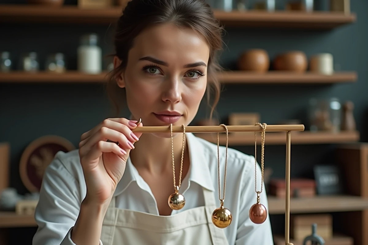 Bijoutière examinant des pendentifs en plaqué or, or massif et vermeil dans un atelier de joaillerie