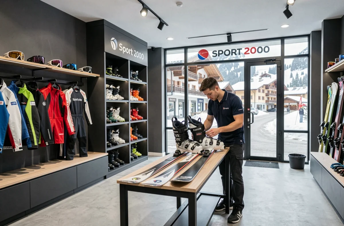 Boutique Boraso Sport 2000 à Val d'Isère avec équipements de ski alpin et technicien réglant des fixations