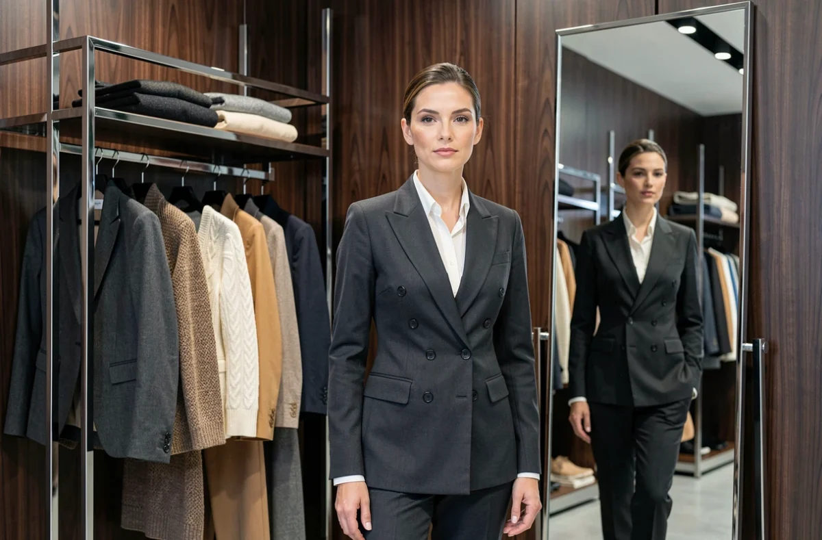 Espace collection femme Boss Store à Amiens avec des tailleurs et blazers structurés en teintes neutres luxueuses