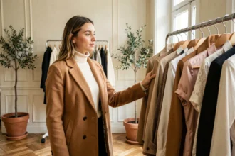 Jeune femme élégante explorant les vêtements d'une boutique de mode indépendante parisienne au style unique