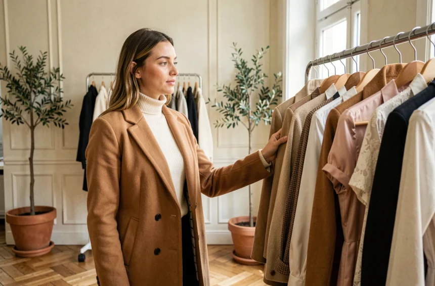 Jeune femme élégante explorant les vêtements d'une boutique de mode indépendante parisienne au style unique