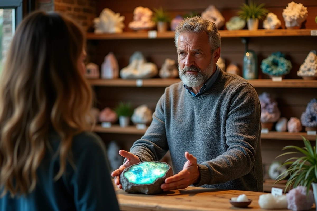 Vendeur spécialisé présentant une labradorite brute à une cliente dans une boutique de pierres naturelles et minéraux