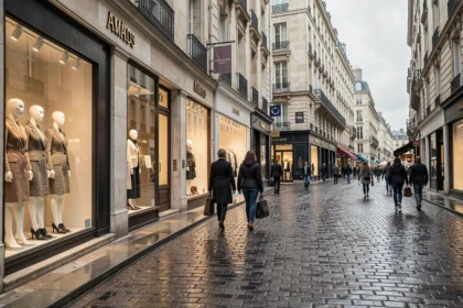 Rue commerçante d'Amiens avec des boutiques de prêt-à-porter féminin élégantes et des vitrines de mode française