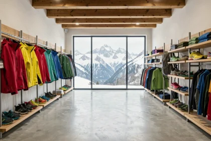 Intérieur d'une boutique de vêtements de sport en Auvergne-Rhône-Alpes avec vue sur les montagnes