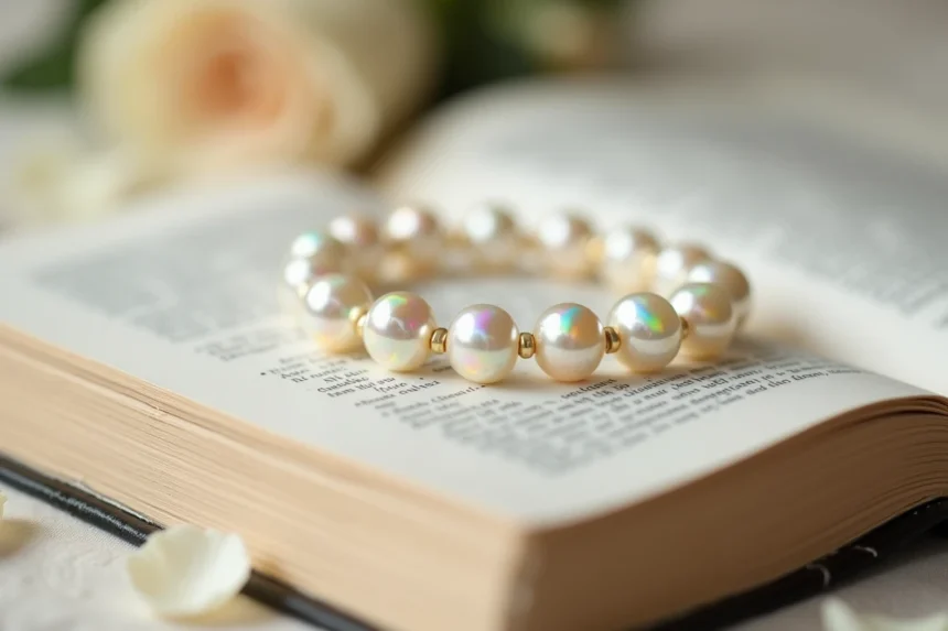 Bracelet de communion en nacre irisée posé sur une Bible blanche entourée de pétales de roses