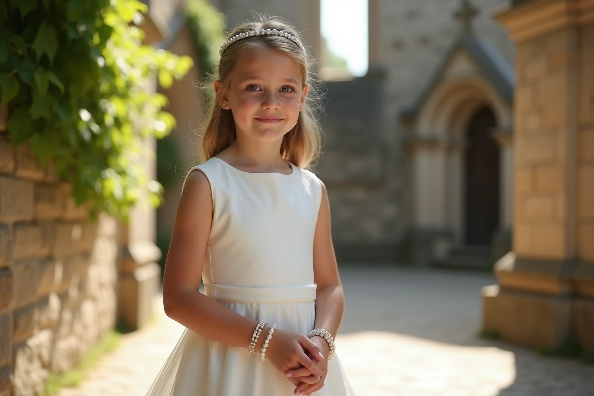 Jeune fille en robe de communion blanche portant un bracelet de perles dans une cour d'église en pierre