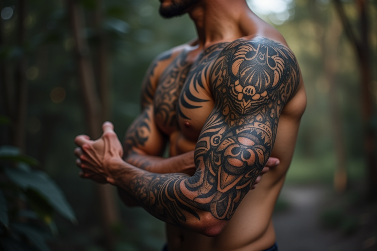Bras tatoué avec motifs géométriques et tribaux