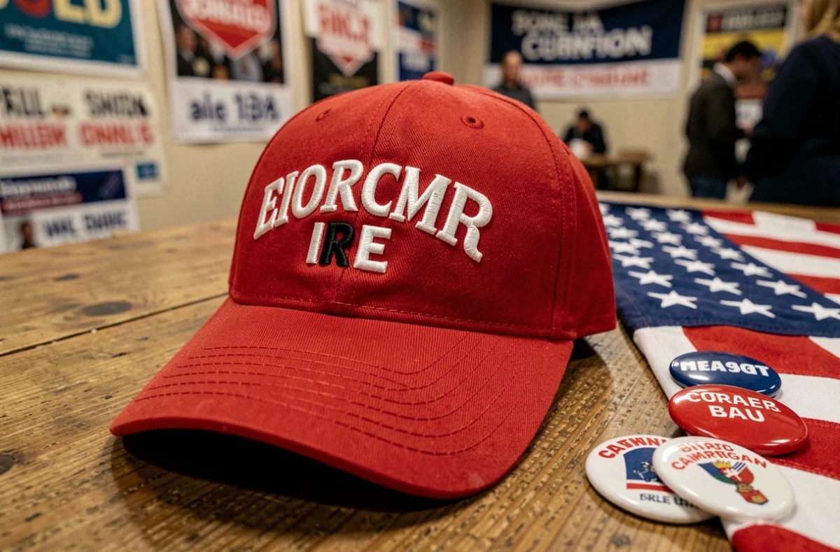 Gros plan sur une casquette MAGA rouge brodée posée sur une table en bois avec des badges de campagne et un drapeau américain