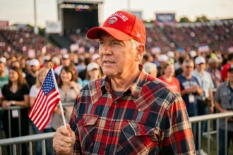 Homme portant une casquette rouge MAGA lors d'un meeting politique en plein air avec une foule en arrière-plan