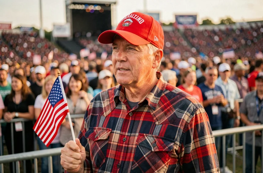 Homme portant une casquette rouge MAGA lors d'un meeting politique en plein air avec une foule en arrière-plan