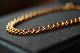 Chaîne en or 18 carats sur velours gris avec étiquette de prix élevé, gros plan macro réaliste
