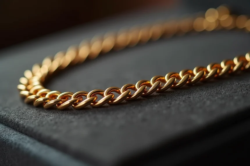 Chaîne en or 18 carats sur velours gris avec étiquette de prix élevé, gros plan macro réaliste