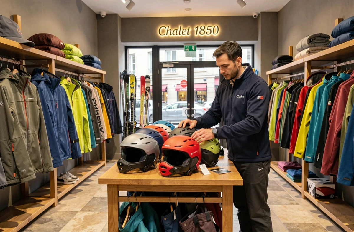 Intérieur de la boutique Chalet 1850 à Lyon avec vendeur arrangeant des équipements de ski