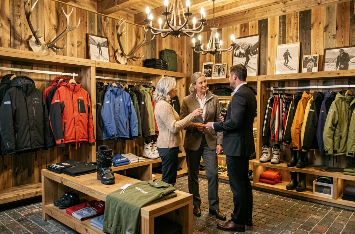 Boutique Chamois Sport à Megève avec décor chalet raffiné et tenue de ski haut de gamme