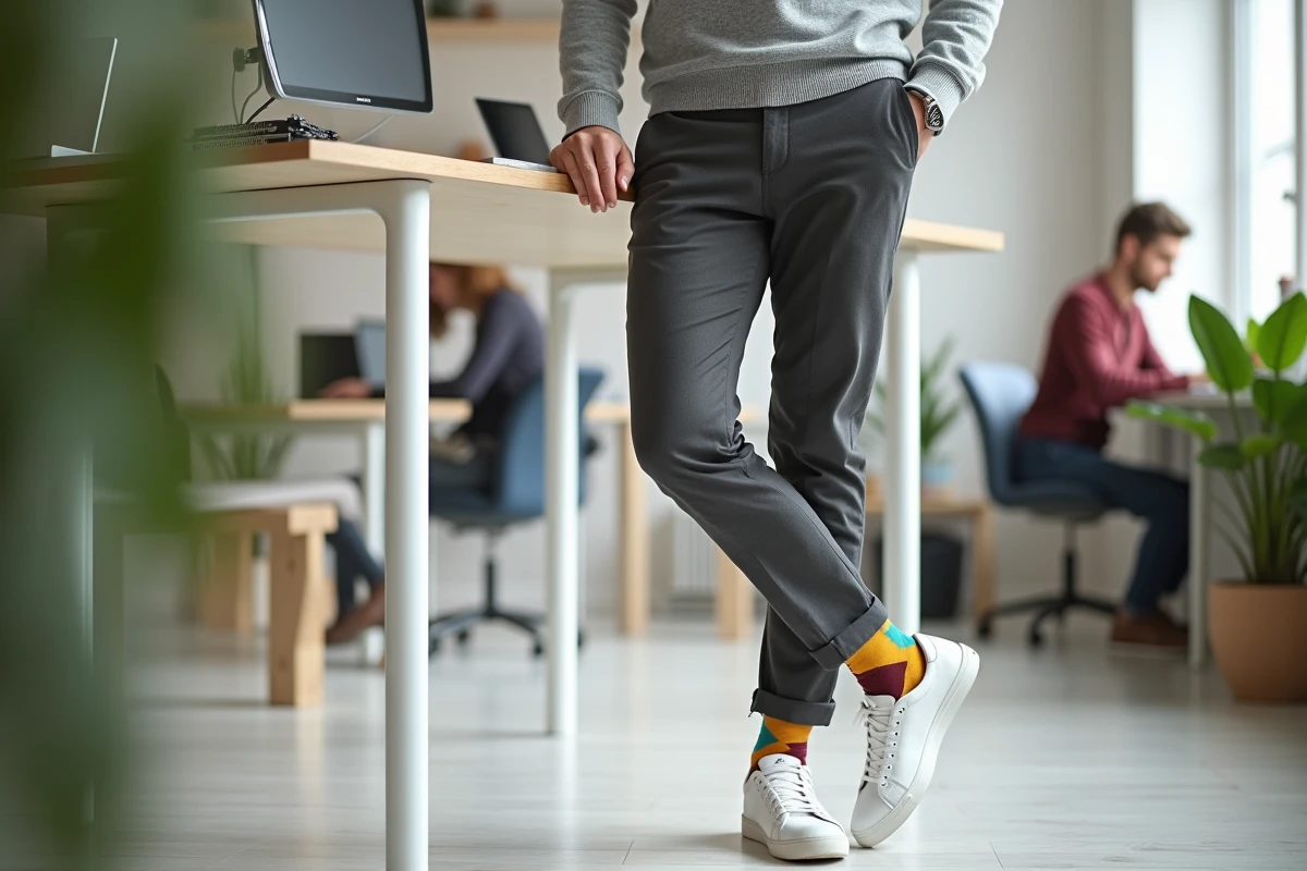 Homme en bureau scandinave portant des chaussettes fantaisie géométriques colorées avec un pantalon slim gris