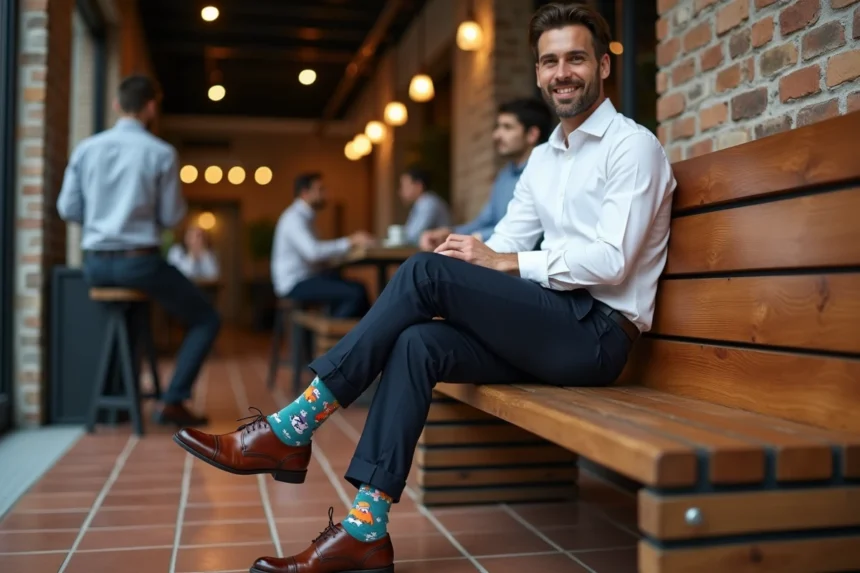 Homme élégant en chinos marine portant des chaussettes rigolotes avec des animaux colorés dans un café urbain moderne