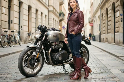 Femme motarde portant des bottes moto féminines à protection renforcée aux chevilles, look cuir chic en milieu urbain